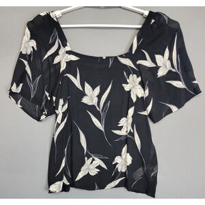 A New Day Square Neck Top Womens Small Black Floral Sheer Short Sleeves New